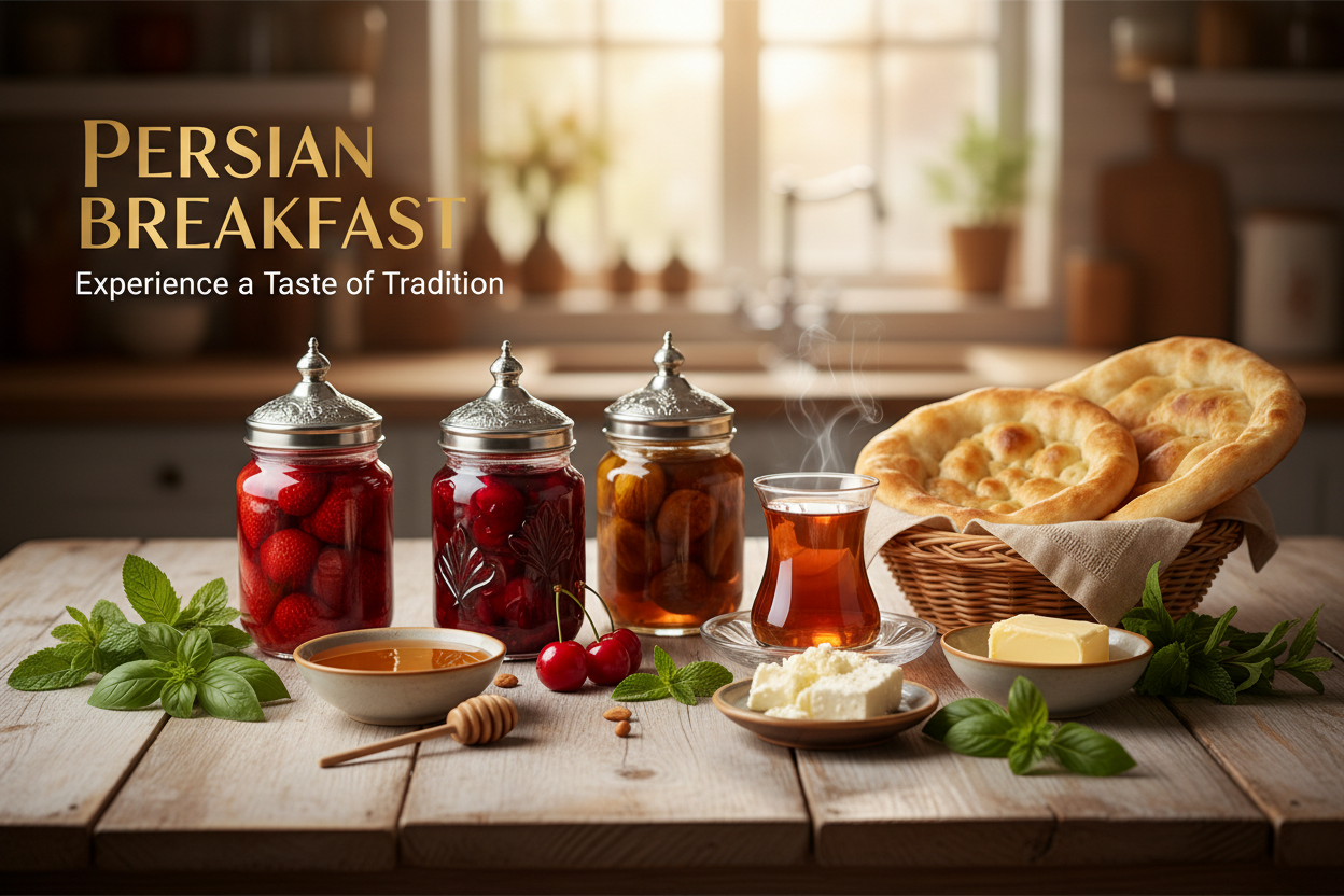 Draw a banner as call to action and write Persian Breakfast, Put some breakfast materials like Jams and Tea You can use current stock pictures